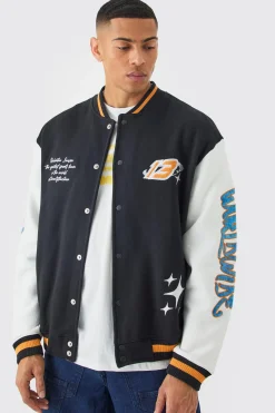 Oversized Worldwide Applique Jersey Bomber Jacket | BoohooMAN UK