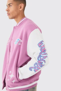 Oversized Worldwide Applique Jersey Bomber Jacket | BoohooMAN UK