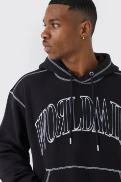 Oversized Worldwide Contrast Stitch Hoodie | BoohooMAN UK