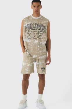Oversized Worldwide Forest Tank & Short Set | BoohooMAN UK