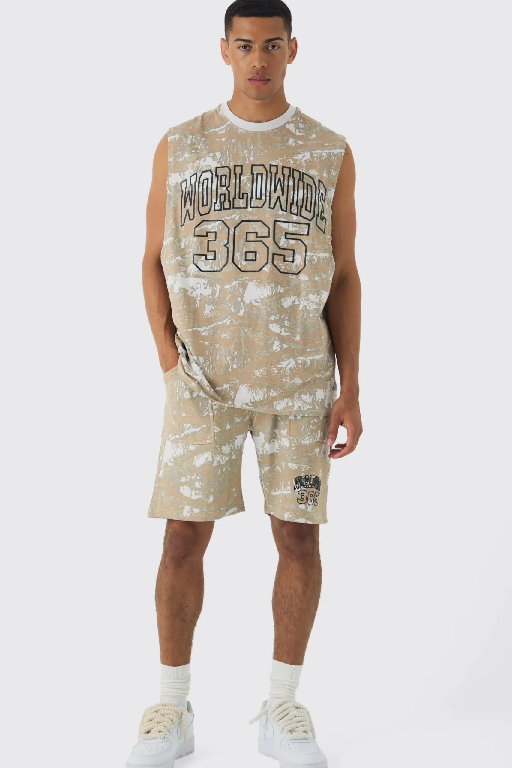 Oversized Worldwide Forest Tank & Short Set | BoohooMAN UK