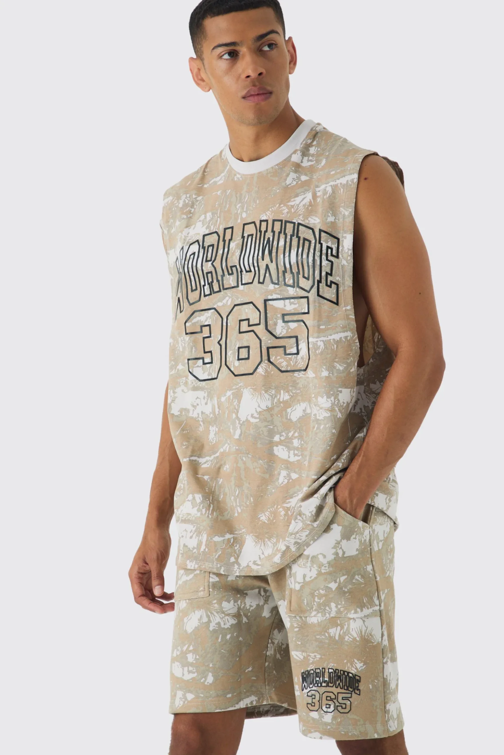 Oversized Worldwide Forest Tank & Short Set | BoohooMAN UK