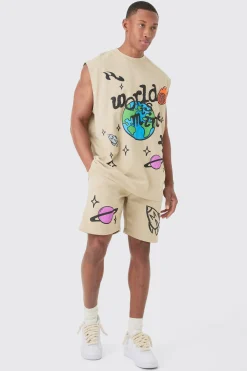 Oversized Worldwide Large Puff Print Tank & Shorts Set | BoohooMAN UK