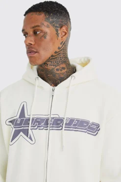 Oversized Worldwide Star Zip Through Hoodie | BoohooMAN UK