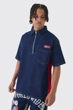 Oversized Zip Through Badge Denim Shirt | BoohooMAN UK