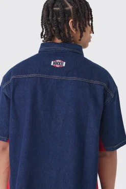 Oversized Zip Through Badge Denim Shirt | BoohooMAN UK