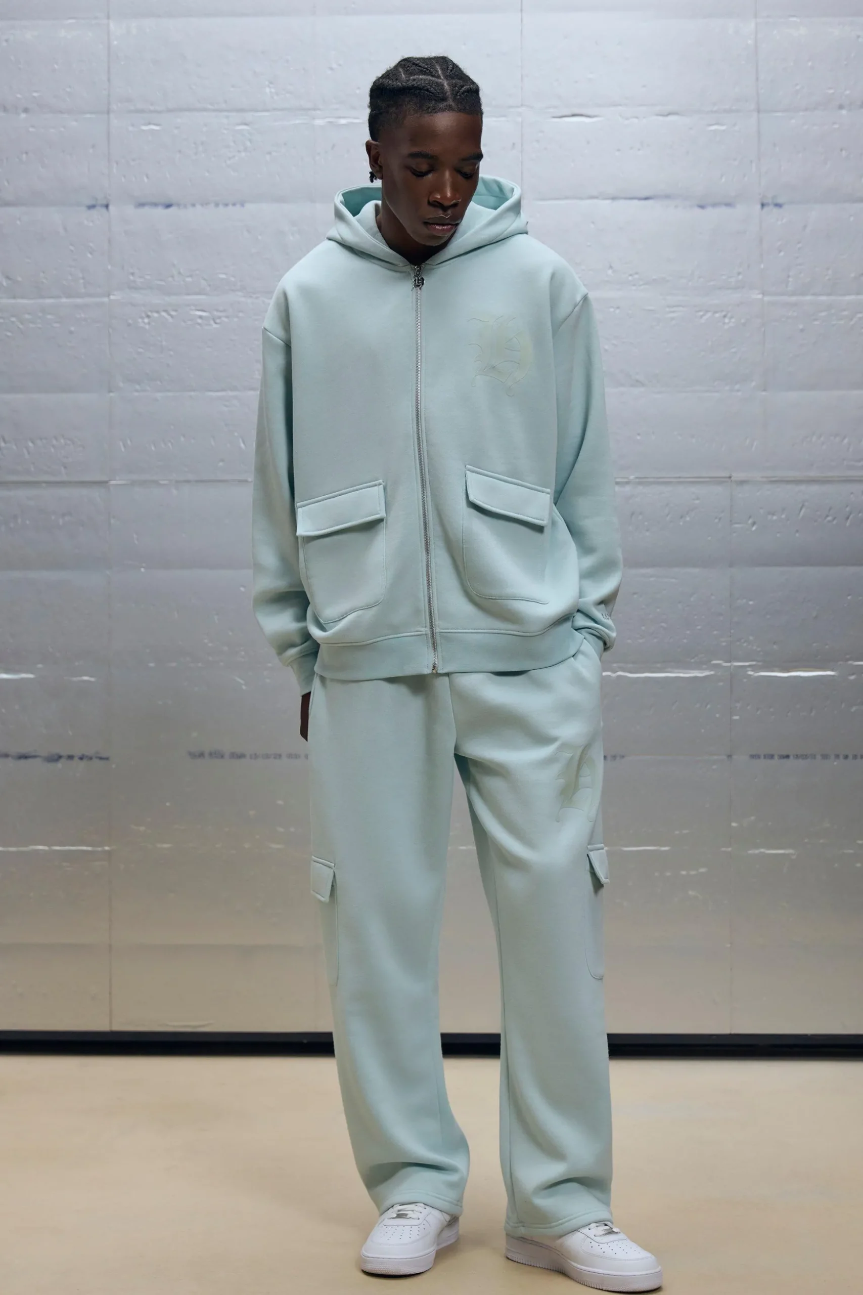 Oversized Zip Through Cargo Pocket Detail Hooded Tracksuit | BoohooMAN UK