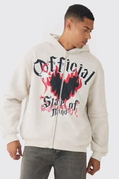 Oversized Zip Through OFFCL Heart Raw Edge Print Hoodie | BoohooMAN UK