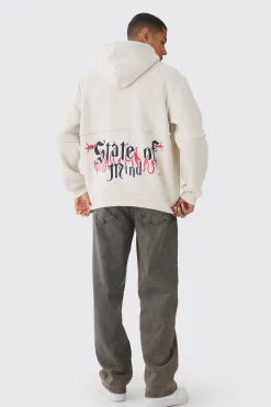Oversized Zip Through OFFCL Heart Raw Edge Print Hoodie | BoohooMAN UK