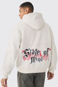 Oversized Zip Through OFFCL Heart Raw Edge Print Hoodie | BoohooMAN UK