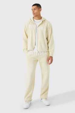 Oversized Zip Through Washed Puff Print Tracksuit | BoohooMAN UK