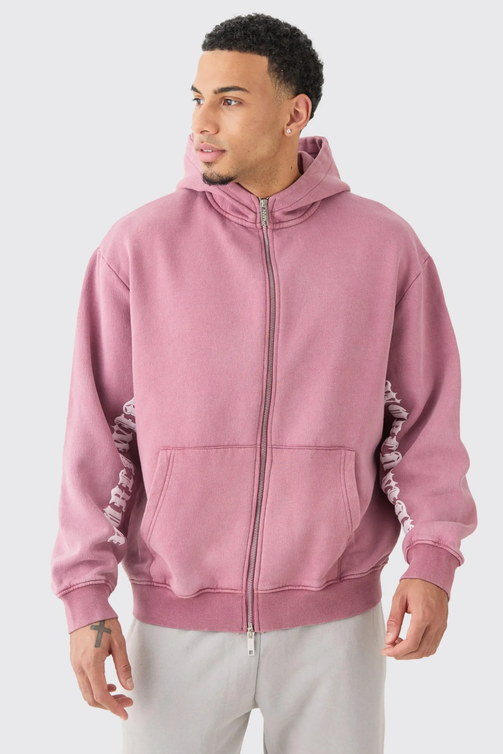Oversized Zip Thru Funnel Neck Acid Wash Applique Hoodie | BoohooMAN UK