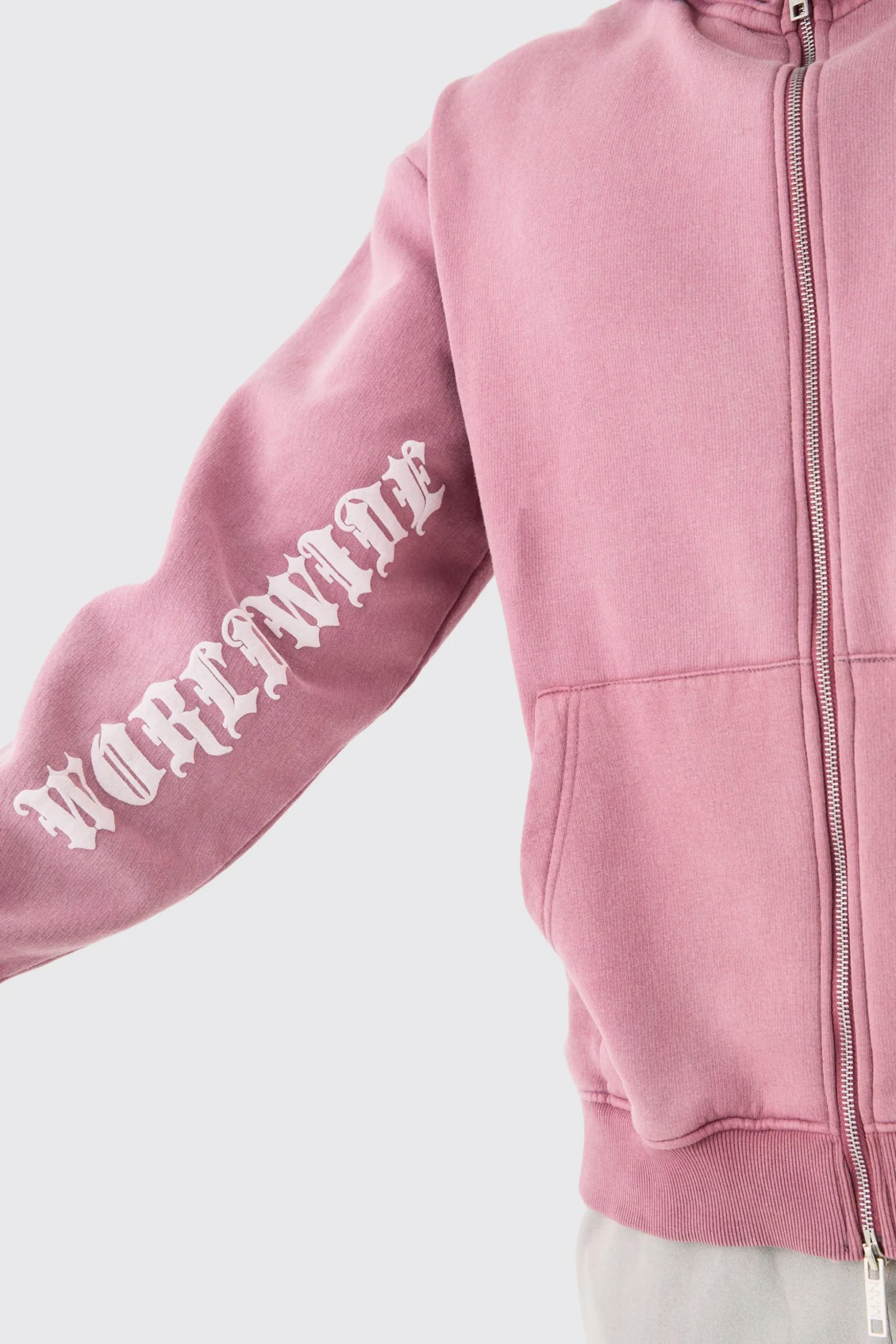 Oversized Zip Thru Funnel Neck Acid Wash Applique Hoodie | BoohooMAN UK
