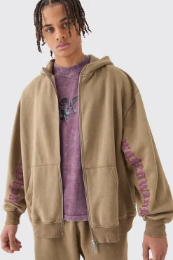 Oversized Zip Thru Funnel Neck Acid Wash Applique Hoodie | BoohooMAN UK