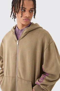 Oversized Zip Thru Funnel Neck Acid Wash Applique Hoodie | BoohooMAN UK