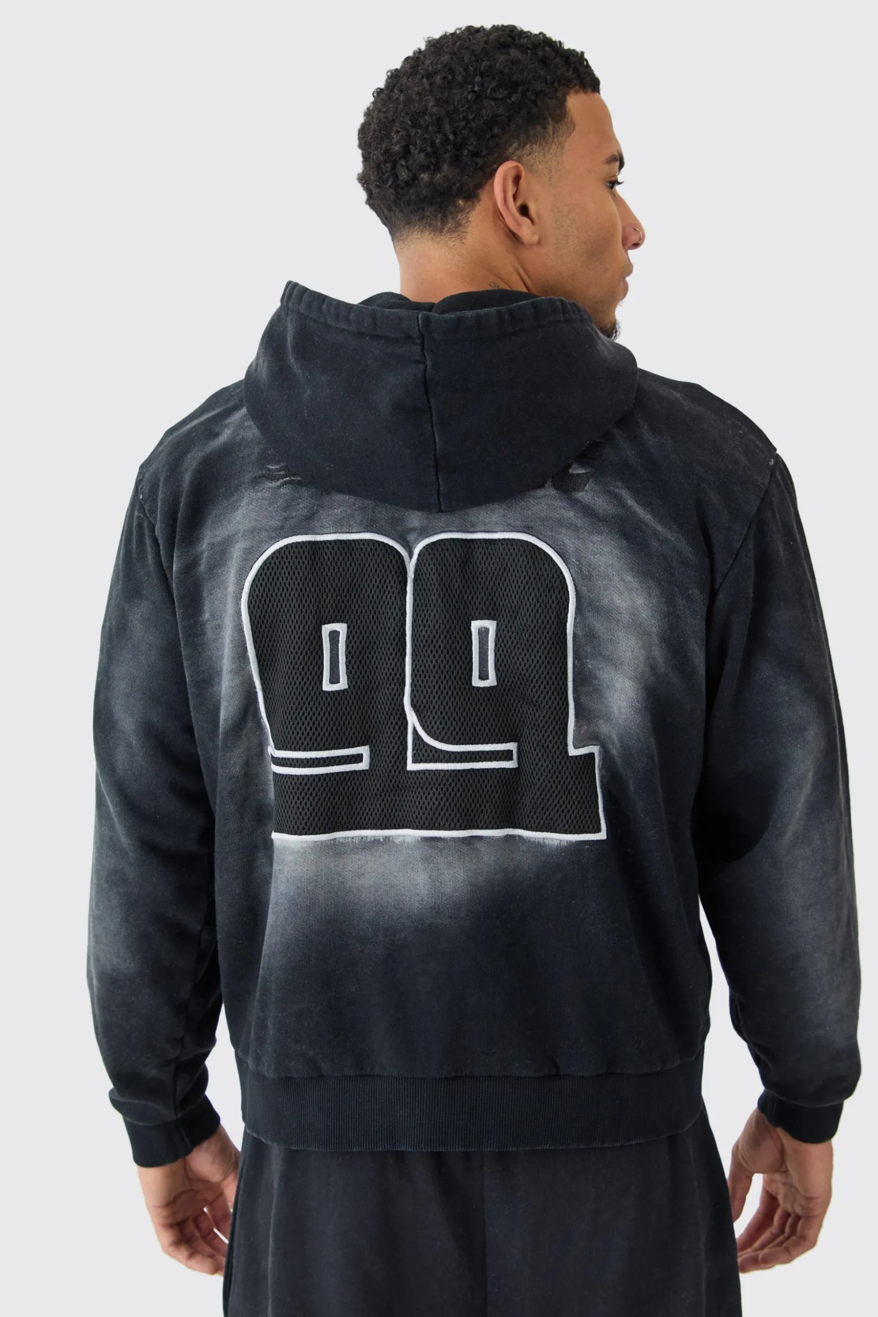 Oversized Zip Thru Heavy Washed Applique Hoodie | BoohooMAN UK