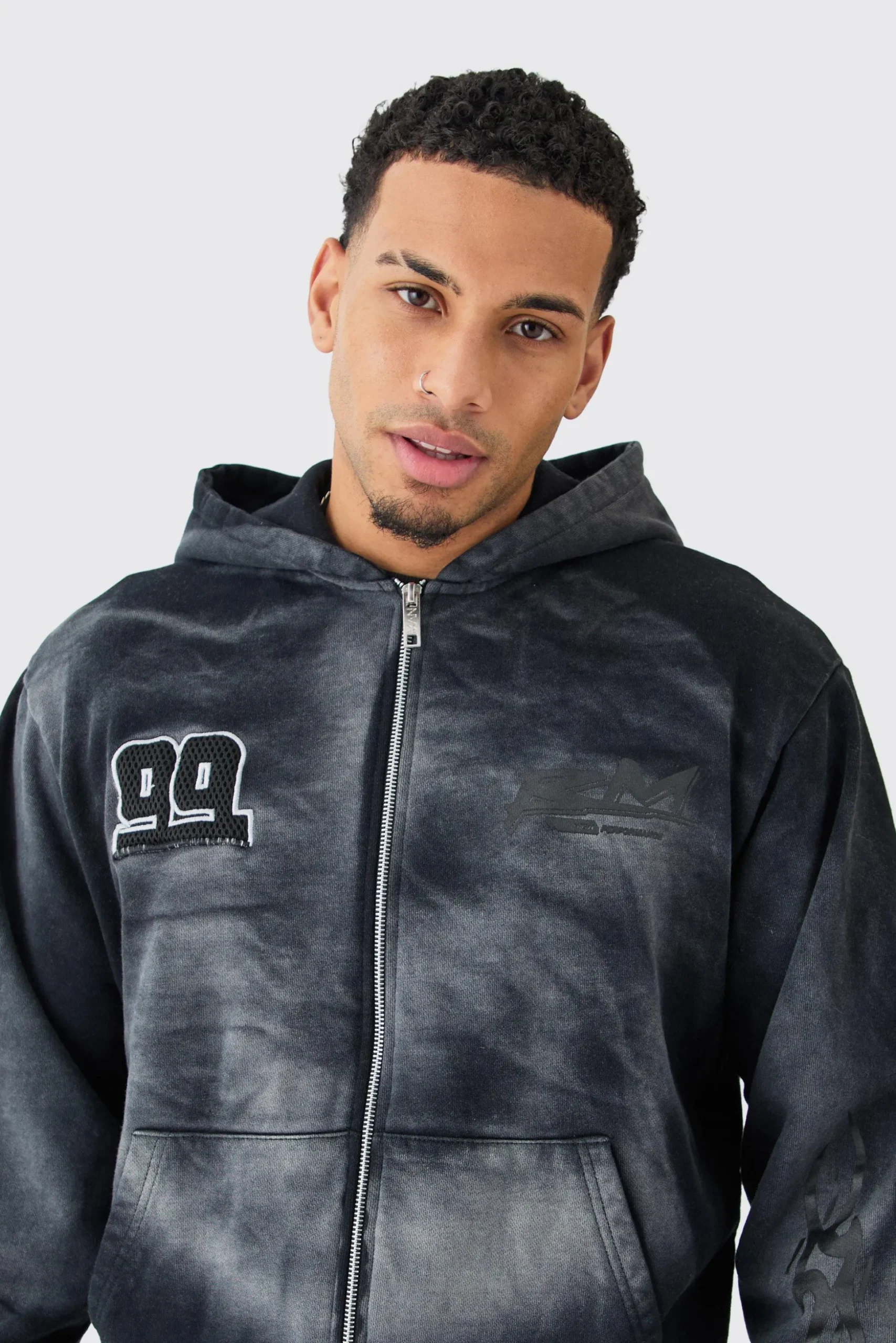 Oversized Zip Thru Heavy Washed Applique Hoodie | BoohooMAN UK