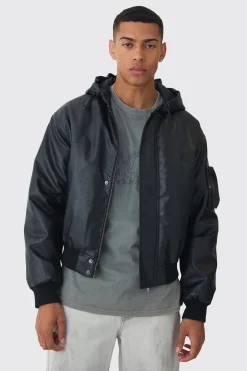 Padded Hooded PU Bomber In Black | BoohooMAN UK