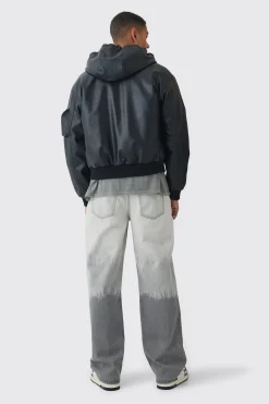 Padded Hooded PU Bomber In Black | BoohooMAN UK