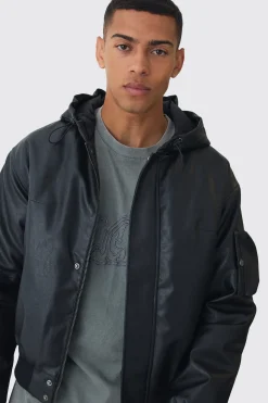 Padded Hooded PU Bomber In Black | BoohooMAN UK