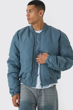 Padded Nylon Panelled Bomber Jacket In Slate | BoohooMAN UK