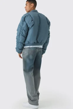 Padded Nylon Panelled Bomber Jacket In Slate | BoohooMAN UK