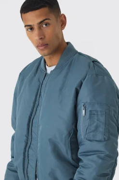 Padded Nylon Panelled Bomber Jacket In Slate | BoohooMAN UK