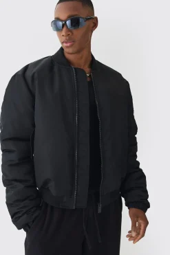 Padded Nylon Panelled Bomber Jacket In Black | BoohooMAN UK