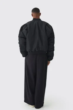 Padded Nylon Panelled Bomber Jacket In Black | BoohooMAN UK