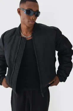 Padded Nylon Panelled Bomber Jacket In Black | BoohooMAN UK