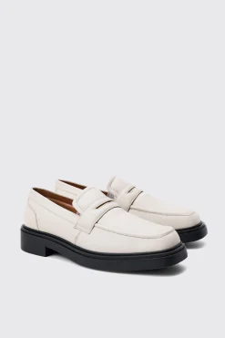 Padded Pu Loafer In Ecru | BoohooMAN UK
