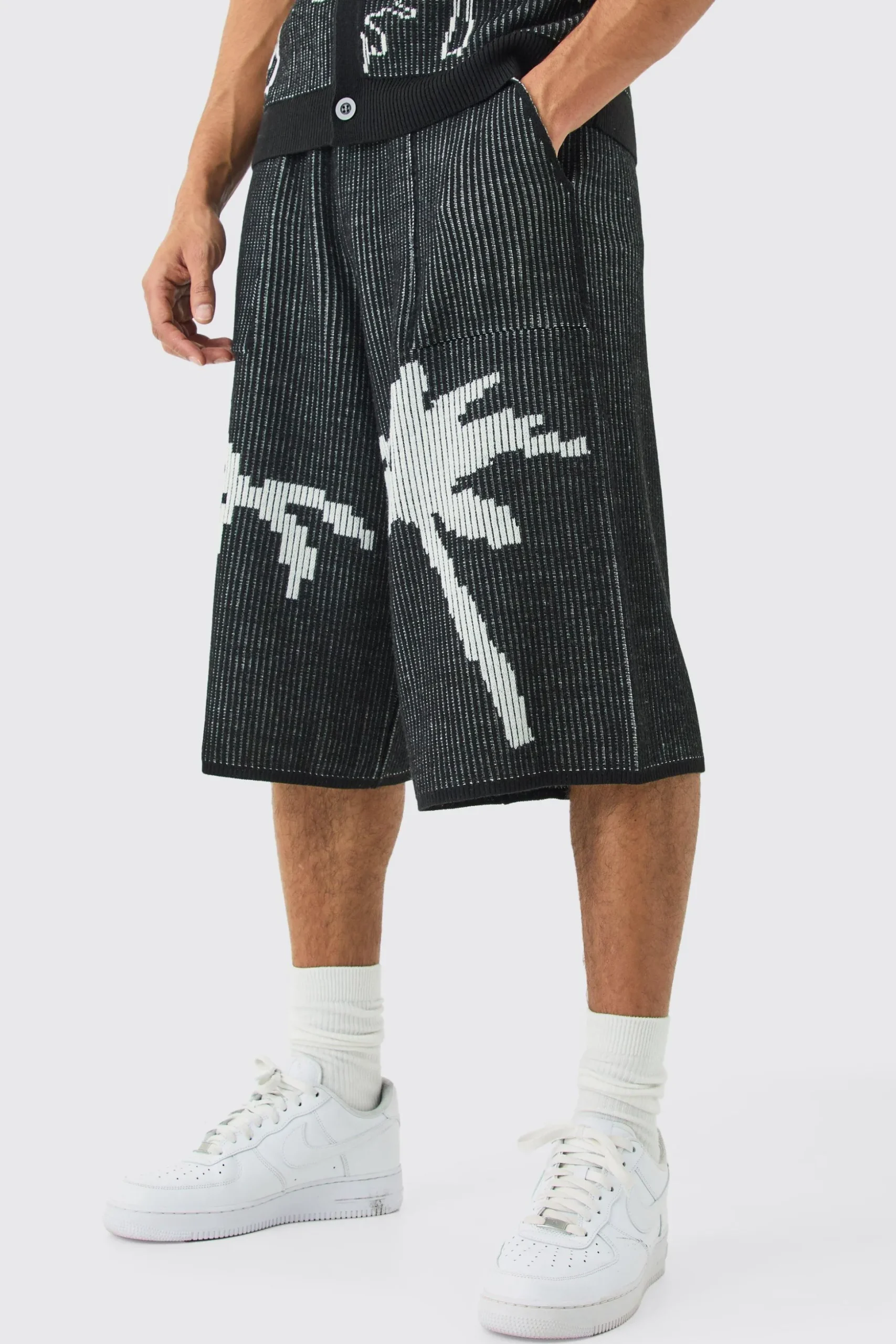 Palm Jacquard Ribbed Knitted Jort | BoohooMAN UK