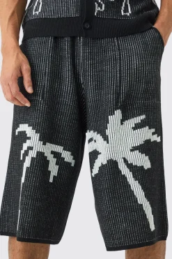 Palm Jacquard Ribbed Knitted Jort | BoohooMAN UK