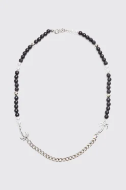 Palm Tree Charm Pearl Chain Necklace | BoohooMAN UK