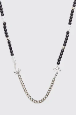 Palm Tree Charm Pearl Chain Necklace | BoohooMAN UK