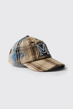 Patchwork Applique Cap In Sand | BoohooMAN UK
