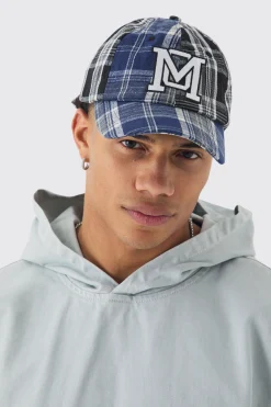 Patchwork Applique Cap In Blue | BoohooMAN UK