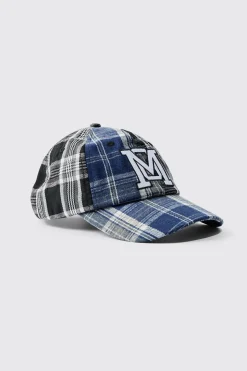 Patchwork Applique Cap In Blue | BoohooMAN UK