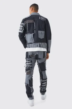 Patchwork Denim Jacket And Jeans Set | BoohooMAN UK