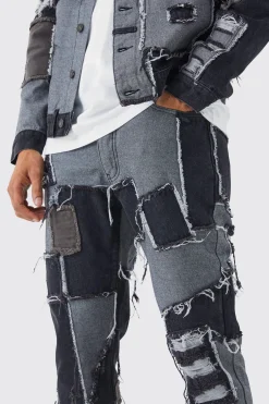 Patchwork Denim Jacket And Jeans Set | BoohooMAN UK