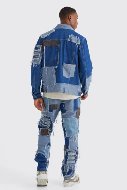 Patchwork Denim Jacket And Jeans Set | BoohooMAN UK