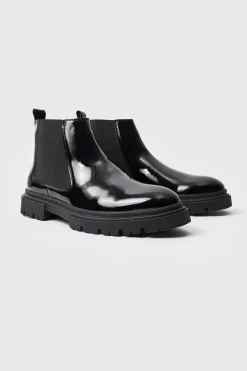 Patent Chelsea Boots With Track Sole | BoohooMAN UK