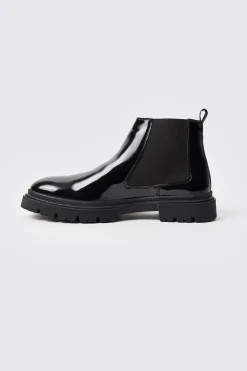 Patent Chelsea Boots With Track Sole | BoohooMAN UK