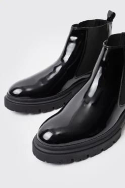 Patent Chelsea Boots With Track Sole | BoohooMAN UK