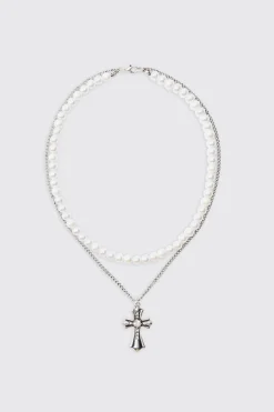 Pearl & Chain Necklace With Cross Pendant In Silver | BoohooMAN UK