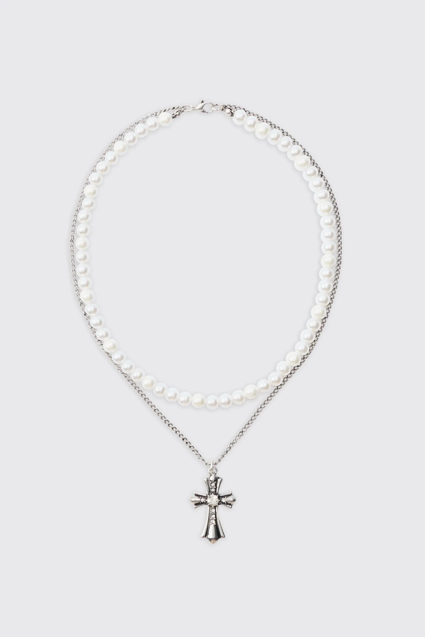 Pearl & Chain Necklace With Cross Pendant In Silver | BoohooMAN UK