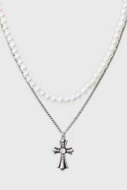 Pearl & Chain Necklace With Cross Pendant In Silver | BoohooMAN UK