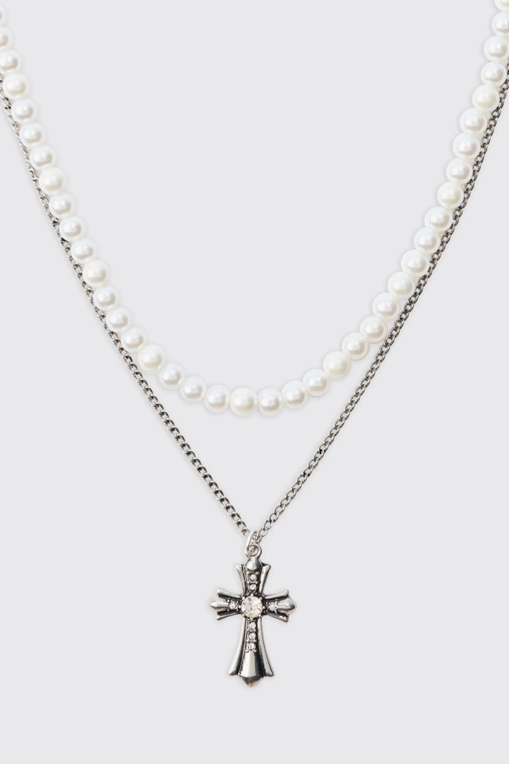 Pearl & Chain Necklace With Cross Pendant In Silver | BoohooMAN UK