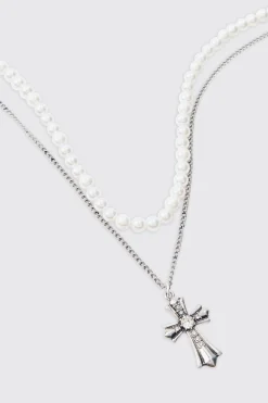 Pearl & Chain Necklace With Cross Pendant In Silver | BoohooMAN UK