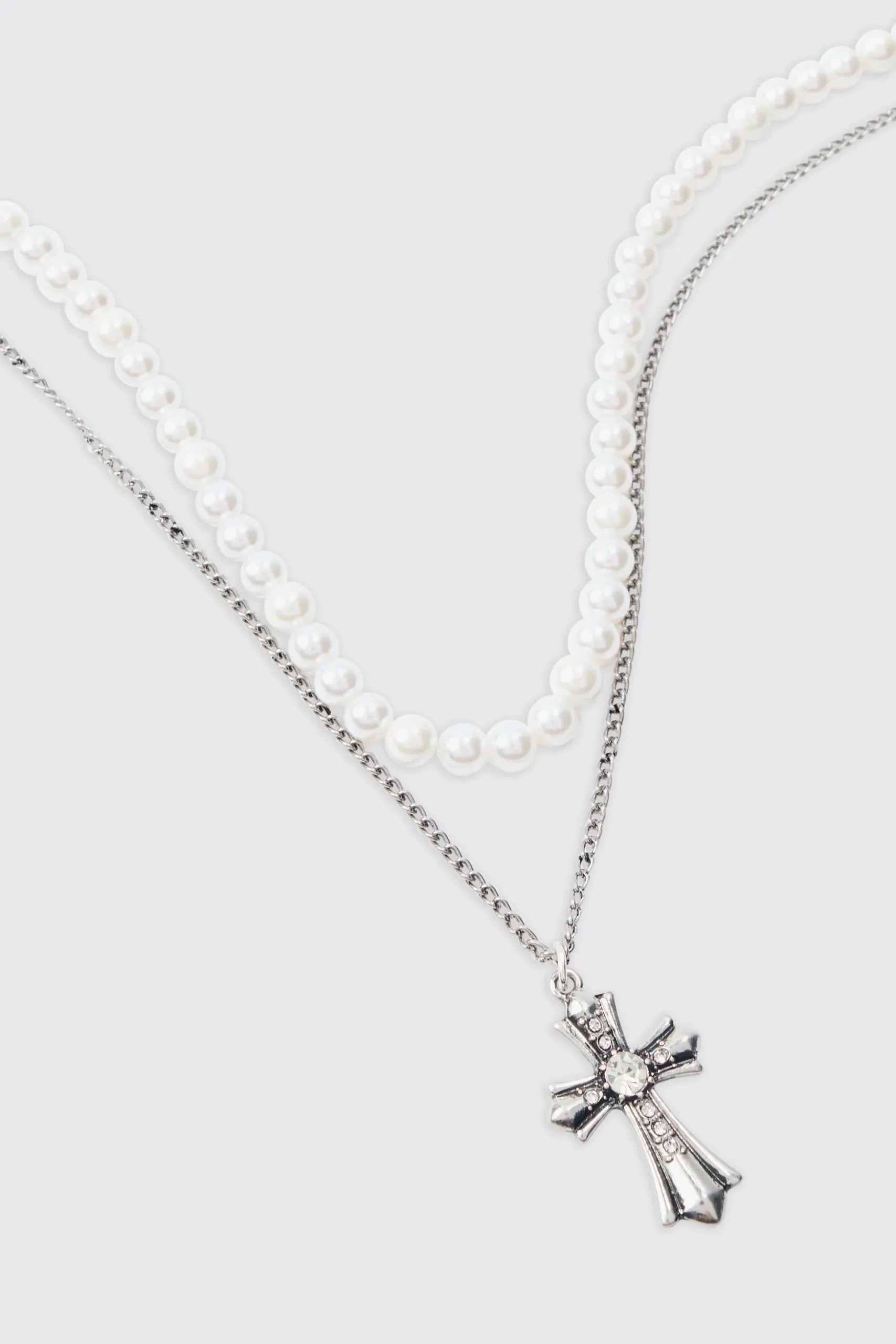 Pearl & Chain Necklace With Cross Pendant In Silver | BoohooMAN UK